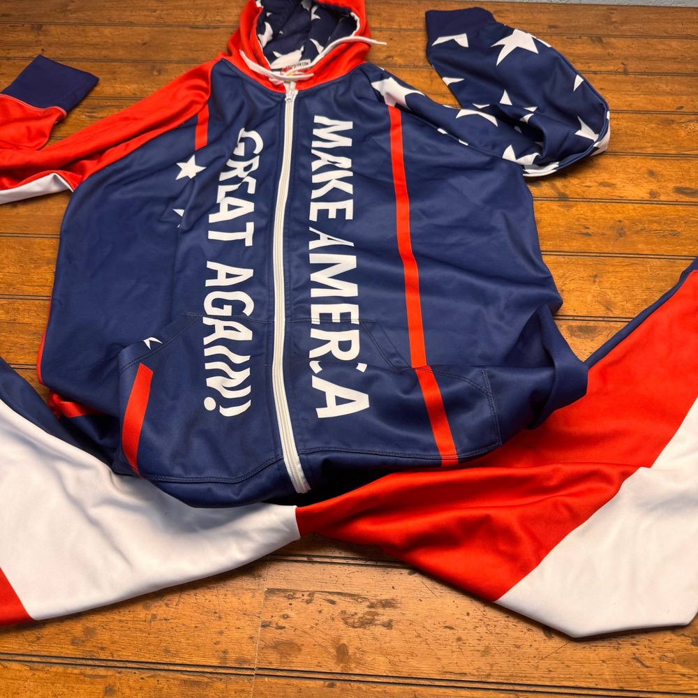American AF Greater‎ Half MAGA USA Flag Full Zip Hooded Onesie XL Mens Patriotic